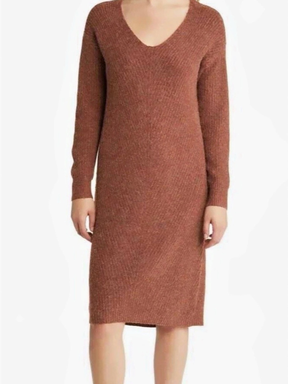 Calson Orange Brown Midi V-Neck Sweater Dress Size Medium